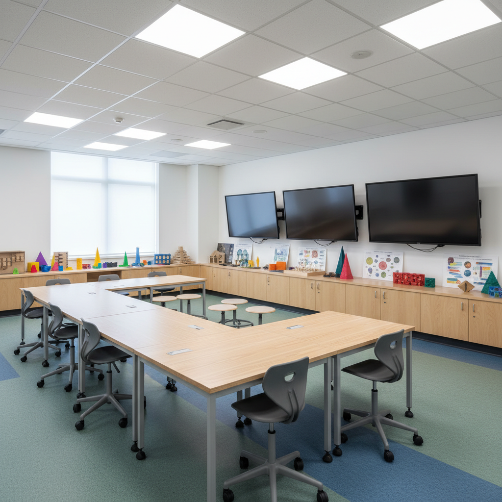 An innovative universal design classroom lab, captured in crisp photographic realism. At the center, a large, U-shaped collaborative workstation with a smooth, light-ash surface accommodates varied seating configurations and open spaces beneath for flexible access. Along one wall, adjustable-height interactive displays with anti-glare glass float above a continuous low ledge holding neatly arranged tactile models and high-contrast diagrams. The flooring features subtle, color-blocked zones that guide movement without becoming visually overwhelming. Soft, even LED panel lighting from the ceiling eliminates harsh shadows, while a distant window introduces a faint hint of natural daylight. Shot from a wide, eye-level perspective, the composition emphasizes flow and adaptability. The atmosphere is quietly innovative and inclusive, designed for diverse learning styles and physical needs while maintaining a clean, sophisticated academic aesthetic.
