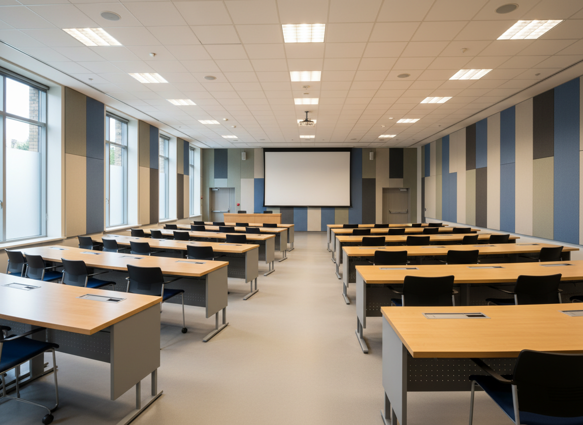 A meticulously organized, wheelchair-accessible lecture hall captured in photographic realism. Sleek, adjustable-height desks with smooth maple surfaces form gentle arcs facing a large, matte-finish projection screen. Wide, clearly unobstructed pathways wind between rows, and several desks are designed with extra knee clearance and flexible layouts. Soft afternoon daylight filters through tall windows with frosted glass, complemented by warm recessed ceiling lights that cast gentle, even illumination without glare. The mood is calm, thoughtful, and sophisticated, emphasizing inclusive design rather than medical equipment. Shot from a slightly elevated angle with a wide lens, the composition highlights the overall accessibility of the room, with sharp focus throughout and a subtle bokeh on the far back wall of acoustic panels and muted university colors.