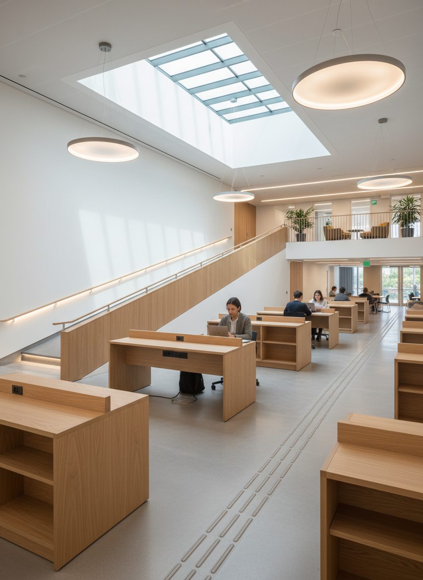 A modern campus library interior featuring an elegant accessibility-focused study zone in photographic realism. Low, broad bookshelves with textured wood veneer create clear sightlines, while adjustable-height study tables with smooth, rounded edges sit beside discreet power modules and tactile wayfinding strips embedded in the floor. A large, gently sloping ramp with minimalist metal handrails leads to a quiet mezzanine filled with natural light from a skylight above. Soft, diffused daylight combines with understated pendant lights, creating a serene, contemplative glow. The scene is captured at eye level using the rule of thirds, with the ramp leading the eye into the frame. The mood is scholarly and inclusive, emphasizing thoughtful design, quiet comfort, and subtle accessibility features rather than obvious disability symbols.