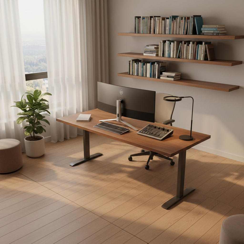 A sophisticated faculty office redesigned with disability in mind, rendered in photographic realism. A broad, height-adjustable desk with a matte walnut finish stands against a wall lined with floating shelves, each holding neatly arranged academic texts. An ultra-wide computer monitor sits on a raised stand, surrounded by a large-print keyboard and a tactile, knob-based audio control device, all in muted, professional tones. The office floor is clear, with smooth, low-contrast transitions between surfaces and a wide turning radius. Late-morning natural light enters through a side window with sheer curtains, supplemented by a dimmable, glare-free task lamp casting soft, directional light. Shot from a slightly elevated corner perspective, the composition feels spacious, calm, and intellectually focused, subtly showcasing ergonomic and sensory accessibility without resorting to clichés.